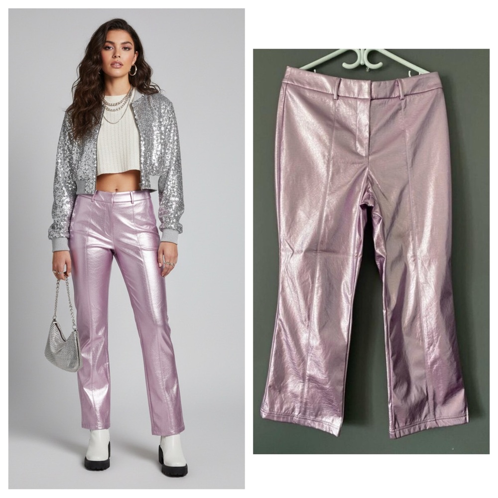 7 For All Mankind L Metallic Pink Faux Leather Straight Leg Pants NWT Glam